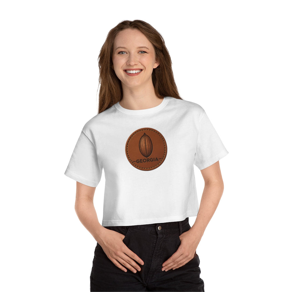 Georgia Pecan Heritage Cropped Tee in White, on person